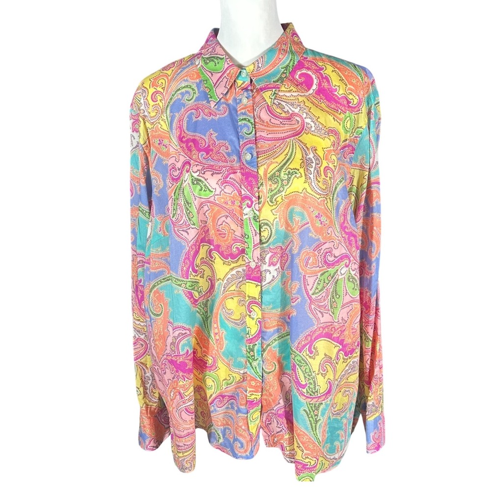 Lauren Ralph Lauren Button Down Women 2X Multi-Color Paisley Long Sleeve Cotton